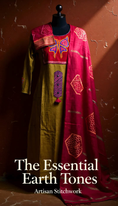 বাটারফ্লাই এমব্রয়ডারি স্টিচ ড্রেস – রেড ও মাস্টার্ড কম্বিনেশন স্ক্রিন প্রিন্ট ডিজাইনসহ